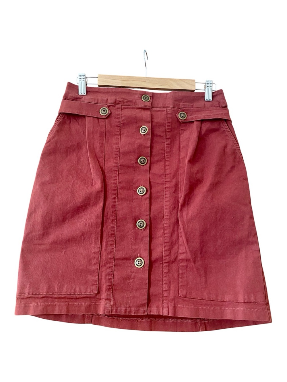 Amadi Burgundy Button Front Utility Mini Skirt Cotton Stretch Size Medium USA